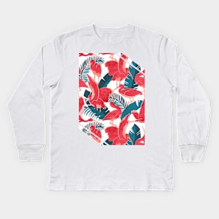 Luxurious Scarlet Ibis // white background teal vegetation metal rose and red guará large birds Kids Long Sleeve T-Shirt